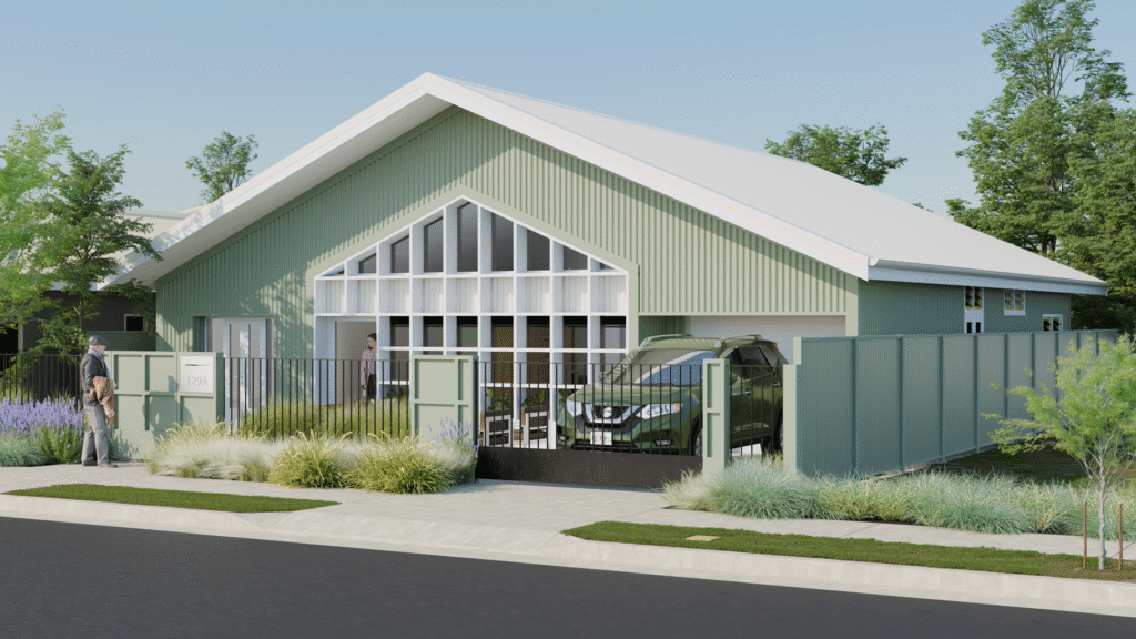 Small Home Concept. Simple extruded gabled form with subtracted central volume glazed at either end containing entry, living, dining and kitchen spaces.